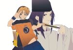  2boys backpack bag betti_(xx_betti) blonde_hair blush fujiwara_no_sai hand_fan hat highres hikaru_no_go holding holding_fan japanese_clothes kariginu male_focus multiple_boys purple_hair shindou_hikaru shirt short_hair sidelocks simple_background smile t-shirt tate_eboshi white_background wristband 