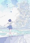  1girl absurdres blue_hair blue_skirt blue_sky cloud cloudy_sky commentary day facing_away from_behind full_body hato_(n_hat_mu) highres ligne_claire ocean original outdoors outstretched_arms pleated_skirt scenery school_uniform shirt shoes short_hair short_sleeves skirt sky solo spread_arms standing water white_shirt wide_shot 