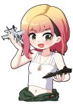  1girl :d ace_combat ace_combat_8 black_tank_top blonde_hair commentary_request cropped_torso dog_tags f-18_hornet gradient_hair green_eyes green_pants highres medium_hair midriff multicolored_hair navel open_mouth pants pink_hair playing silent_sakia simple_background smile solo su-57 tank_top tasha_(ace_combat) toy_airplane white_background 