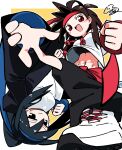  2girls :d abs ahoge black_eyes black_jacket black_pants black_sports_bra blue_hair blue_hairband border breasts brown_hair clenched_hand colored_shoe_soles commentary_request floating_clothes floating_hair foreshortening generalcanon hairband headband highres hood hoodie jacket jitome large_breasts long_hair long_sidelocks long_sleeves looking_at_viewer looking_down midriff_peek multiple_girls navel open_clothes open_jacket open_mouth original outline outside_border pants ponytail reaching reaching_towards_viewer red_headband rotational_symmetry shirt shoelaces sidelocks sideways_glance signature smile sports_bra takebana_nanoha takebana_sumire tomboy upside-down white_border white_hoodie white_outline white_shirt wristband yellow_background 