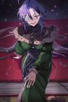  1girl absurdres commentary_request crossed_legs dress duel_monster fur-trimmed_dress fur_trim green_dress highres hsin long_hair long_sleeves monocle off-shoulder_dress off_shoulder open_mouth purple_dress purple_eyes sitting solo witchcrafter_marka yu-gi-oh! 