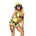  1girl arm_behind_back armpit_crease bare_shoulders belt bikini bikini_under_clothes black_belt blue_eyes bracelet breasts cleavage dark-skinned_female dark_skin feet_out_of_frame flipped_hair fur-trimmed_shorts fur_trim game_asset goggles goggles_on_headwear hand_on_own_thigh hat ikkitousen ikkitousen_extra_burst jewelry large_breasts leaning_forward leg_tattoo looking_at_viewer medium_hair moukaku_(ikkitousen) multiple_bracelets navel non-web_source official_art open_clothes open_fly open_vest parted_lips purple_bikini red_hair self-datamine shorts simple_background sleeveless smile solo stomach string_bikini swimsuit tattoo transparent_background underboob variant_set vest yellow_hat yellow_shorts yellow_vest 