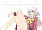  1girl arm_at_side blue_eyes blush bow brown_skirt charlotte_(anime) commentary_request convenient_leg fan_request feet_out_of_frame food food_in_mouth foreshortening grey_hair hair_between_eyes highres inset_border knees_up long_hair long_sleeves looking_at_viewer miniskirt outstretched_arm papiyon1297 pleated_skirt pocky pocky_in_mouth red_shirt request_inset sailor_collar school_uniform serafuku shirt sidelocks simple_background sketch skirt solo thighs tomori_nao two_side_up upskirt white_background white_sailor_collar yellow_bow 