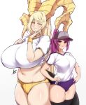 2girls absurdres airisubaka bandaid bandaid_on_cheek bandaid_on_face bare_arms black_thighhighs blonde_hair breasts buruma commentary cowboy_shot cropped_shirt ear_piercing english_commentary hands_on_own_hips height_difference highres horns huge_breasts kulve_taroth large_breasts large_horns leah_(airisubaka) light_smile long_hair looking_at_viewer mole mole_under_eye monster_girl monster_hunter:_world monster_hunter_(series) multiple_girls navel orange_eyes original parted_lips personification piercing plump pointy_ears ponytail purple_buruma purple_hair shirt short_sleeves signature simple_background stomach t-shirt tail thick_thighs thighhighs thighs very_long_hair white_background white_shirt wristband yellow_buruma yellow_eyes 