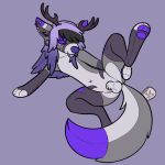 1:1 2026 3_toes animal_genitalia anthro antlers balls bangs bangs_over_eyes black_hair bridge_piercing button_(fastener) button_eyes canid canine cheek_piercing digital_drawing_(artwork) digital_media_(artwork) dipstick_arms dipstick_legs dipstick_tail ear_piercing facial_piercing feet flesh_tunnel fully_sheathed fur furgonomic_piercing furgonomics genital_piercing genitals gloves_(marking) gradient_hair grey_body grey_fur hair hi_res horn leg_markings lying m1lkb4rk male mammal markings multicolored_hair nose_piercing on_side pawpads piercing plushie plushie_tag plushification purple_eyes purple_hair purple_nose purple_pawpads seam_(sewing) sewn_mouth sheath sheath_piercing signature socks_(marking) spread_legs spreading stitch_(sewing) striped_cheeks striped_ears striped_markings stripes tail tail_markings toes tongue tongue_out tongue_piercing