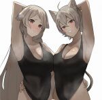  2girls ahoge alternate_costume animal_ears arm_behind_head arm_up armpits bangyadesu black_one-piece_swimsuit blush breasts cat_ears cat_girl cat_tail cleavage clenched_hand collarbone commentary crossed_bangs dark-skinned_female dark_skin dog_ears dog_girl furrowed_brow grey_hair hair_between_eyes hand_on_another's_waist highres large_breasts linia_dedoldia long_hair looking_at_viewer multiple_girls mushoku_tensei one-piece_swimsuit parted_bangs presenting_own_armpit pursena_adoldia red_eyes short_hair simple_background smell sweat swimsuit tail tearing_up untranslatable_commentary upper_body very_long_hair white_background 