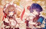  1boy 1girl armor biscuit_(bread) bishounen black_bodysuit black_bridal_gauntlets black_corset black_sleeves blue_cape blue_kimono blue_sleeves blunt_bangs blunt_ends bodysuit bonnet border bow bridal_gauntlets brooch brown_hair cape closed_mouth colored_eyelashes commentary_request corset cup detached_collar detached_sleeves dress food-themed_background frilled_sleeves frills gem genshin_impact gold gold_ring hair_bow hair_intakes hand_up highres holding holding_cup holding_plate japanese_armor japanese_clothes jewelry juban kimono kote kurokote layered_sleeves long_sidelocks looking_at_viewer mandarin_collar middle_ring open_clothes open_kimono ornate_border parted_lips plate purple_eyes purple_hair red_bow red_gem sandrone_(genshin_impact) scaramouche_(genshin_impact) short_hair short_hair_with_long_locks short_sleeves shoulder_peek side_cape sidelocks steam strapless strapless_dress swept_bangs teacup w02_14 wanderer_(genshin_impact) white_bonnet white_dress white_kimono white_mouth white_sleeves wispy_bangs yellow_border 