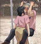  1boy 1girl against_fence black_hair black_pants blush brown_shoes chain-link_fence closed_eyes dudd_ie fence glasses grey_hair hair_bun hetero highres husband_and_wife kiss lifting_person long_hair pants pink_shirt sakamoto_aoi_(sakamoto_days) sakamoto_days sakamoto_taro sakamoto_taro_(skinny) shirt shoes short_sleeves skirt sweat yellow_skirt 