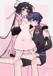  1boy 1girl :3 absurdres alternate_costume arm_at_side armor bare_shoulders belt black_belt black_bodysuit black_bridal_gauntlets black_eyes black_hair black_nails black_shorts blunt_bangs blunt_ends blush bodysuit bow breasts bridal_gauntlets bright_pupils center-flap_bangs clenched_hand closed_mouth colored_inner_hair columbina_(genshin_impact) commentary couch couple covered_collarbone crescent crescent-shaped_pupils crescent_hair_ornament crescent_ornament dress english_commentary eyeliner eyeshadow face_to_breasts fang fingernails fur-trimmed_sleeves fur_trim genshin_impact gold_ring hair_bow hair_ornament hair_ribbon half-closed_eyes hand_on_another's_shoulder hands_on_another's_thighs heart heart_ornament hetero highres japanese_armor kneeling kneeling_on_person kote kurokote lacycoffinn looking_at_another looking_at_breasts looking_at_viewer makeup medium_dress middle_ring multicolored_hair on_couch pink_bow pink_dress pink_eyeshadow pink_hair pink_lips pink_nails pink_ribbon pink_sleeves pink_theme pink_wings purple_eyes purple_hair purple_rope purple_sash red_eyeliner ribbon ringed_eyes rope sash scaramouche_(genshin_impact) shorts sitting sleeves_past_fingers sleeves_past_wrists small_breasts smile strapless strapless_dress streaked_hair sweatdrop symbol-shaped_pupils tress_ribbon turtleneck turtleneck_bodysuit wanderer_(genshin_impact) white_pupils wing_hair_ornament wings 