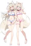  2girls :d animal_collar animal_ear_fluff animal_ears bandaid bandaid_hair_ornament bikini black_collar blonde_hair blue_bikini blue_eyes blue_hairband blue_streaks breasts cleavage collar commentary crossed_bangs dog_ears dog_girl dog_tail double-parted_bangs fake_horns flat_chest frilled_bikini frills full_body fuwawa_abyssgard hair_between_eyes hair_intakes hair_ornament hairband hairclip highres hololive hololive_english horn_hairband horns large_breasts locked_arms long_hair looking_at_viewer mauve mococo_abyssgard multicolored_hair multiple_girls navel open_mouth parallel_hairclips pink_bikini pink_eyes pink_hairband pink_streaks sandals short_hair siblings simple_background sisters smile standing stomach streaked_hair swimsuit tail toes twins two_side_up v very_long_hair virtual_youtuber white_background x_hair_ornament 