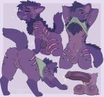 all_fours animal_genitalia anthro anus balls bloated blush bodily_fluids bottomless bottomless_male butt canid canine clothed clothing clothing_lift colored cum cumshot digital_drawing_(artwork) digital_media_(artwork) ejaculation erection fur furgonomic_piercing furgonomics genital_fluids genital_piercing genitals hands_behind_head hi_res male male_anthro mammal markings multiple_poses navel orgasm piercing pose precum purple_body purple_fur shaded sheath sheath_piercing shirt shirt_lift side_view simple_background smile solo striped_markings stripes taintedstar teeth topwear