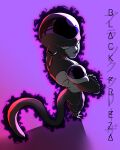  1boy absurdres alien aura black_frieza black_skin character_name colored_skin commentary dragon_ball dragon_ball_super emilieink frieza full_body highres looking_at_viewer male_focus parted_lips purple_background purple_lips red_eyes simple_background smile solo tail white_skin 