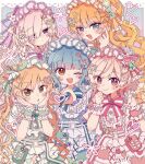  5girls :d :o ;d blonde_hair blue_dress blue_eyes blue_hair blue_ribbon closed_mouth colored_eyelashes commentary_request dress frilled_dress frills green_dress green_eyes green_hat green_headdress green_ribbon hat heart heart_hands long_hair mahou_shoujo_no_majo_saiban mini_hat mini_top_hat multiple_girls natsume_an-an neck_ribbon one_eye_closed open_mouth orange_ribbon pink_dress pink_eyes pink_headdress purple_eyes purple_headdress purple_ribbon ribbon saeki_miria sakuraba_ema short_hair smile tachibana_sherry tono_hanna top_hat toruriri0718 white_hair wrist_cuffs 