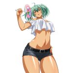  1girl ahoge belt black_belt breasts cowboy_shot crop_top crop_top_overhang dark-skinned_female dark_skin denim denim_shorts fanning_self game_asset green_eyes green_hair groin hand_fan hand_on_own_hip hand_up head_tilt holding holding_fan ikkitousen ikkitousen_extra_burst large_breasts looking_at_viewer navel non-web_source off_shoulder official_art paper_fan parted_lips ryofu_housen_(ikkitousen) self-datamine shirt short_hair short_sleeves short_twintails shorts simple_background smile solo stomach torn_clothes torn_shorts transparent_background twintails uchiwa variant_set white_shirt 