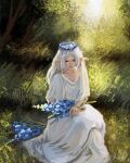  absurdres blue_flower closed_eyes dress dy.jpeg earrings elf flower frieren head_wreath highres jewelry long_hair outdoors pointy_ears sousou_no_frieren teardrop_earrings white_dress white_hair 
