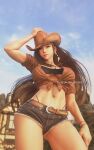  1girl 3d alternate_costume arm_up ass_visible_through_thighs belt belt_buckle black_hair black_tube_top blue_sky blurry blurry_background bracelet breasts brown_belt brown_hat brown_shirt buckle closed_mouth cloud cloudy_sky cowboy_hat cowboy_shot cowgirl_(western) denim denim_shorts earrings feather_earrings feathers final_fantasy final_fantasy_vii final_fantasy_vii_remake hand_on_headwear hat highleg highleg_panties highres jewelry large_breasts lips long_hair looking_at_viewer midriff navel outdoors panties patreon_username pink_lips red_eyes ria_(baka-neearts) shirt short_shorts shorts single_earring sky sleeves_rolled_up solo strapless string_panties thighs tied_shirt tifa_lockhart tube_top underboob underwear 