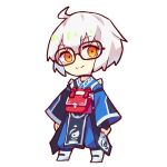  1boy ahoge bag blue_kimono chibi chibi_only chinese_commentary closed_mouth commentary glasses japanese_clothes kimono long_sleeves looking_at_viewer lowres male_focus morichika_rinnosuke red_bag renren_(ah_renren) short_hair simple_background smile solo touhou white_background white_hair yellow_eyes 