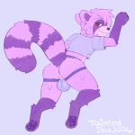 1:1 2026 anthro anus bodily_fluids brown_eyes butt cheek_tuft claws colored dated digital_drawing_(artwork) digital_media_(artwork) facial_tuft fur hair hi_res looking_back male male_anthro mammal pantsless_male pawpads paws pink_body pink_fur procyonid purple_body purple_fur purple_pawpads raccoon raised_tail short_hair simple_background snout solo sweat tail taintedstar teasing tuft