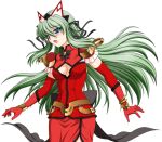  1girl 2000s_(style) :o blue_eyes blush bow bracelet breasts cleavage cleavage_cutout clothing_cutout dress elbow_gloves elixir_rose game_asset gloves green_hair hair_ribbon headdress jewelry kagashima_itsuki long_hair magical_girl mahou_senshi_(series) mahou_senshi_elixir_knights medium_breasts non-web_source official_art open_mouth ribbon saitou_natsuki self-datamine simple_background solo tachi-e transparent_background variant_set 