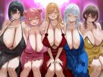  5girls :d absurdres areola_slip bare_shoulders bead_necklace beads black_dress black_hair blonde_hair blue_dress blue_eyes blue_gloves breasts brown_hair choker chomikuplus cleavage closed_mouth collarbone commentary_request covered_nipples dress elbow_gloves feet_out_of_frame gloves green_eyes highres huge_breasts jewelry large_areolae long_hair looking_at_viewer multiple_girls navel necklace open_mouth original pink_dress pink_eyes pink_hair purple_eyes red_dress seductive_smile short_hair smile white_hair yellow_dress 