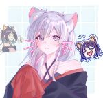  2girls :< ahoge animal_ear_fluff animal_ears aroused_nosebleed blood blue_eyes blue_kimono blush cat_ears cat_girl cho_kaguya-hime! colored_inner_hair commentary cosplay drawn_whiskers forehead fox_ears fox_girl heart heart_in_mouth highres japanese_clothes kimono logo multicolored_hair multiple_girls nosebleed off_shoulder pink_hair purple_hair rinncchiiiowo runami_yachiyo runami_yachiyo_(cosplay) runami_yachiyo_(tsukuyomi) sakayori_iroha sakayori_iroha_(tsukuyomi) sleeves_past_fingers sleeves_past_wrists sparkle thumbs_up untranslatable_commentary white_hair yuri 