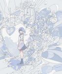  1girl absurdres black_socks blue_hair blue_sailor_collar blue_skirt blue_theme commentary english_commentary full_body hato_(n_hat_mu) heart highres ligne_claire looking_at_viewer neckerchief original pleated_skirt sailor_collar school_uniform serafuku shirt shoes short_hair skirt socks solo standing white_shirt wide_shot 