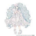  1girl aqua_eyes artist_name bow commentary_request company_name copyright_notice dress frilled_dress frills full_body grey_hair hair_bow hair_ribbon hatsune_miku heart highres holding holding_stuffed_toy holding_wand ixima long_hair looking_at_viewer official_art ribbon second-party_source simple_background sleep_mask slippers socks solo stuffed_animal stuffed_toy teddy_bear twintails very_long_hair vocaloid wand web_address white_background white_bow white_dress white_ribbon white_slippers white_socks 
