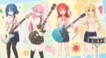  4girls ahoge band_(music) bass_guitar black_socks blonde_hair blue_eyes blue_hair bocchi_the_rock! bow breasts cg_pen closed_mouth collarbone commentary_request convenient_censoring dated drum drumsticks gotoh_hitori gotoh_hitori_(tsuchinoko) grin guitar holding holding_bass_guitar holding_drumsticks holding_guitar holding_instrument ijichi_nijika instrument jacket kessoku_band kita_ikuyo looking_at_viewer medium_breasts mole mole_under_eye multiple_girls navel open_mouth outline pantyhose pink_hair pink_jacket polka_dot polka_dot_background polka_dot_bow red_eyes red_hair red_sun shirt signature skirt small_breasts smile socks topless_female track_jacket v white_outline white_socks yamada_ryo yellow_eyes 