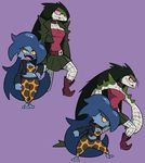  blue_lips cleavage clothed clothing duo fangs female lipstick scalie scalie_schoolie unknown_artist wide_hips 