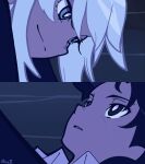  1boy 1girl angelica_(project_moon) black_eyes black_hair blue_eyes chadaliceii commentary english_commentary highres library_of_ruina looking_at_another panty_&amp;_stocking_with_garterbelt panty_&amp;_stocking_with_garterbelt_(style) project_moon roland_(project_moon) scene_reference smile white_hair 