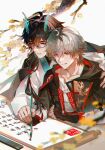 2boys ahoge aqua_hair arm_strap beads black-framed_eyewear black_gloves black_hair black_jacket blue_eyes blurry blurry_foreground branch bright_pupils caelus_(honkai:_star_rail) caelus_(vim_and_vigor)_(honkai:_star_rail) calligraphy_brush chinese_clothes clenched_hand closed_mouth collarbone colored_inner_hair commentary_request dan_heng_(imbibitor_lunae)_(literary)_(honkai:_star_rail) dragon_boy dragon_horns dragon_print eyeshadow fingerless_gloves fingernails ginkgo_leaf glasses gloves grey_hair hair_beads hair_between_eyes hair_ornament hair_stick hand_on_another's_shoulder hand_up hanfu highres holding holding_calligraphy_brush holding_paintbrush honkai:_star_rail honkai_(series) hood hooded_jacket horns jacket lapels leaf long_hair long_sleeves looking_at_another looking_at_object looking_down makeup male_focus multicolored_hair multiple_boys official_alternate_costume official_alternate_hairstyle open_clothes open_jacket paintbrush pointy_ears red_eyeshadow red_hair red_jacket scroll semi-rimless_eyewear shadow shirt short_hair simple_background single_sidelock smile streaked_hair sueque16 table tangzhuang teeth tongue tongue_out trailblazer_(honkai:_star_rail) tree two-sided_fabric two-sided_jacket upper_body very_long_hair white_background white_hanfu white_pupils white_shirt writing yaoi yellow_eyes 
