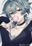  1boy belt belt_collar black_belt black_gloves blowing_bubble_gum buttons chewing_gum choker collar collarbone collared_shirt commentary crossed_bangs double-parted_bangs earrings fingerless_gloves genshin_impact gloves green_hair hair_between_eyes hair_intakes highres jewelry lapels lohen_(genshin_impact) lohen_(standardized_test)_(genshin_impact) looking_at_viewer male_focus mole mole_under_eye multicolored_eyes official_alternate_costume open_collar pinstripe_pattern pinstripe_vest shirt short_hair single_earring solo tokiwa_seiyaku twitter_username upper_body vest waistcoat white_background white_shirt 