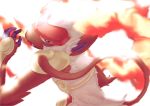  1other blue_eyes brown_fur colored_sclera commentary_request fangs fiery_hair fire furry highres infernape monkey monkey_tail open_mouth other_focus pokemon pokemon_(creature) pokemon_focus tail white_background white_fur yellow_sclera yotuba_ah 