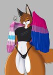 absurd_res ajani115 anthro bisexual_pride_colors black_clothing black_crop_top black_nose black_shirt black_topwear brown_body brown_fur brown_hair clothing crop_top digital_drawing_(artwork) digital_media_(artwork) femboy flag flag_(object) fur grey_background hair hi_res holding_flag holding_object intersex_(lore) lgbt_pride looking_at_viewer male medium_hair navel nonbinary_(lore) pride_colors purple_eyes shirt simple_background smile smiling_at_viewer solo tail thick_thighs topwear white_body white_fur
