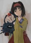  1girl black_hair bright_pupils closed_mouth commentary_request erika_(pokemon) grey_eyes hairband hakama hakama_skirt holding holding_poke_ball japanese_clothes kimono kmusy_mp4 medium_hair poke_ball poke_ball_(basic) pokemon pokemon_(creature) pokemon_firered_and_leafgreen red_hairband red_hakama skirt smile tangela yellow_kimono 