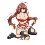  1girl :o antenna_hair arms_under_breasts bare_shoulders black_thighhighs blue_panties breasts brown_hair cleavage collarbone crossed_arms embarrassed floral_print floral_print_kimono full_body game_asset geisha glasses green_eyes hair_between_eyes hair_bobbles hair_ornament ikkitousen ikkitousen_extra_burst japanese_clothes kanzashi kimono large_breasts long_hair looking_at_viewer low-tied_long_hair low_twintails non-web_source obi official_art panties parted_lips print_kimono print_sash red_kimono ryuubi_gentoku_(ikkitousen) sandals sash self-datamine simple_background sitting solo thighhighs torn_clothes torn_kimono torn_thighhighs transparent_background tsumami_kanzashi twintails underwear variant_set wariza white_sandals yellow_sash 