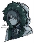  1boy barann_777 bishounen blunt_ends closed_mouth coat commentary_request covered_collarbone cropped_torso expressionless fatui_coat fur-trimmed_coat fur-trimmed_hood fur_trim genshin_impact greyscale highres hood hood_up hooded_coat jewelry lapels looking_at_viewer male_focus mandarin_collar mitsudomoe_(shape) monochrome neck_ring open_clothes open_coat portrait scaramouche_(genshin_impact) solo tomoe_(symbol) tsurime twitter_username white_background wispy_bangs 