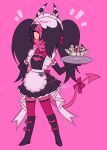 absurd_res banana_split clothed clothing demon demon_humanoid dessert enaic31 eye_scar facial_scar female food hair hair_over_eye hellaverse helluva_boss hi_res humanoid ice_cream imp licking licking_lips maid_headdress maid_uniform not_furry pink_background sallie_may_(helluva_boss) scar simple_background solo tongue tongue_out trans_(lore) trans_woman_(lore) uniform