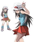  1girl :o absurdres blue_shirt breasts brown_eyes brown_hair commentary hand_up hat highres holding holding_poke_ball leaf_(pokemon) long_hair looking_at_viewer open_mouth pleated_skirt poke_ball poke_ball_(basic) pokemon pokemon_firered_and_leafgreen qing_xun red_skirt reference_inset shirt simple_background skirt sleeveless sleeveless_shirt white_background white_hat 