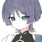  1boy black_bodysuit blue_eyes blunt_ends bodysuit choppy_bangs closed_mouth commentary expressionless eyeliner genshin_impact grey_hair looking_at_viewer makeup male_focus mandarin_collar portrait red_eyeliner rira_archive scaramouche_(genshin_impact) shoulder_peek solo untranslatable_commentary wanderer_(genshin_impact) white_background 