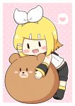  1girl :d black_boots black_shorts blonde_hair blush_stickers boots border bow_hairband chibi chibi_only commentary_request full_body hair_ornament hairband hairclip heart kagamine_rin nukotun open_mouth outline outside_border parallel_hairclips pink_background polka_dot polka_dot_background shirt short_hair shorts sleeveless sleeveless_shirt smile solo spoken_heart standing stuffed_animal stuffed_toy teddy_bear vocaloid white_border white_hairband white_outline white_shirt |_| 