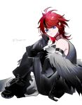  1girl :< absurdres antenna_hair bare_shoulders black_hair black_jacket black_pants black_shirt black_shoes blue_eyes chinese_commentary closed_mouth commentary_request fur-trimmed_jacket fur_trim genderswap genderswap_(mtf) highres jacket light_ball_(pokemon) light_particles long_sleeves medium_hair multicolored_hair off_shoulder official_alternate_costume pants partial_commentary red_hair red_trim shirt shoes simple_background sitting sleeveless sleeveless_shirt solo streaked_hair sumino_takumi tansuan_yun the_hundred_line_-last_defense_academy- two-tone_hair white_background 