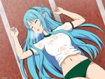  1girl absurdres asuna_(sao) asuna_(sao-alo) blue_hair breasts buruma commentary commission day elf green_buruma gym_uniform highres long_hair long_sidelocks lying medium_breasts midriff mysteryctu navel open_mouth outdoors panties pixiv_commission pointy_ears sidelocks sports_panties sportswear stomach sweat sword_art_online underwear very_long_sidelocks very_sweaty 