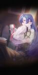  1girl absurdres arm_strap black_bra black_corset black_skirt black_survival blue_eyes blue_hair blurry blurry_background bra bra_visible_through_clothes breasts commentary_request corset cup eternal_return:_black_survival from_side hair_ornament hairclip highres holding holding_cup huge_breasts lenore_(black_survival) long_hair looking_to_the_side mixed-language_commentary pouring pouring_onto_self puffy_sleeves schoppi_0731 see-through_clothes see-through_shirt shirt sitting skirt solo table teacher underwear very_long_hair white_shirt 