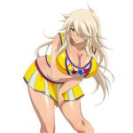  1girl arm_under_breasts bare_shoulders bent_over between_legs blonde_hair breasts brown_eyes cheerleader cleavage closed_mouth crop_top feet_out_of_frame game_asset hair_over_one_eye hand_between_own_legs ikkitousen ikkitousen_extra_burst large_breasts long_hair looking_at_viewer midriff miniskirt musashibou_benkei_(ikkitousen) navel non-web_source official_art one_eye_covered self-datamine simple_background skirt skirt_tug smile solo transparent_background variant_set yellow_skirt 