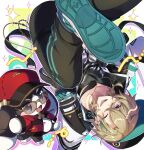  1boy 1other artist_request aventurine_(honkai:_star_rail) belt black_belt black_hoodie black_pants black_shirt blonde_hair blue_eyes blush_stickers chain collarbone commentary_request earrings glasses hair_ornament hairclip hat highres honkai:_star_rail honkai_(series) hood hood_down hoodie jewelry multicolored_hoodie open_mouth pants pom-pom_(honkai:_star_rail) purple_eyes red_hat red_hoodie shirase_(shirose) shirt shoes third-party_source white_hoodie white_shoes 