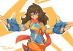  1girl absurdres arc_system_works artist_name black_hair blue_dress dress eye_mask fingerless_gloves gloves highres kamala_khan long_hair marvel marvel_tokon:_fighting_souls mask ms._marvel_(series) one_eye_closed orange_dress orange_eyes scarf simple_background smile superhero_costume turtlepixel 