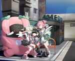  3girls absurdres angels_of_delusion aria_(human)_(zenless_zone_zero) aria_(zenless_zone_zero) arm_warmers black_hair black_sleeves black_thighhighs blonde_hair blue_eyes blush bow breasts choker commentary dress fingerless_gloves gloves green_bow hair_bow hed0333 highres leg_warmers long_hair looking_at_viewer medium_breasts multiple_girls nangong_yu one_eye_closed outdoors phone pink_bow red_eyes shirt smile striped_arm_warmers sunna_(zenless_zone_zero) thighhighs v white_dress white_shirt zenless_zone_zero 