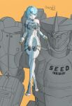  1girl 1other ahoge aunk1s bare_shoulders blue_eyes blue_hair clothing_cutout commentary elbow_gloves feet flower_hairpin full_body gloves hair_ornament hairclip long_hair looking_at_another mecha orange_background robot see-through_clothes seed_(zenless_zone_zero) seed_sr. side_cutout simple_background sitting suit thigh_cutout toeless_legwear toes white_gloves white_suit zenless_zone_zero 