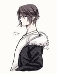  1boy aihara_(nagi) black_jacket blue_eyes brown_hair commentary_request cropped_torso dated expressionless facing_to_the_side final_fantasy final_fantasy_viii food food_in_mouth fur-trimmed_jacket fur_trim jacket male_focus pocky pocky_in_mouth shirt short_hair signature sketch solo squall_leonhart stud_piercings upper_body white_background white_shirt 